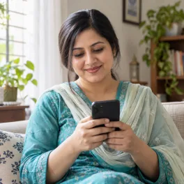 বাংলাদেশের ঘরোয়া পরিবেশে একজন নারী মোবাইল ফোন ব্যবহার করছেন